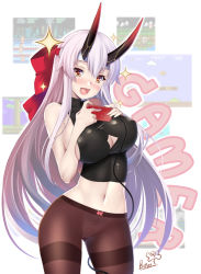 Rule 34 | 1girl, black pantyhose, blush, breasts, butter-t, cleavage cutout, clothing cutout, controller, cowboy shot, fate/grand order, fate (series), game controller, hair between eyes, headband, horns, japanese clothes, large breasts, long hair, looking at viewer, oni horns, open mouth, pantyhose, red eyes, signature, silver hair, solo, sparkle, thighband pantyhose, tomoe gozen (fate), wire