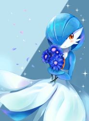 Rule 34 | 1girl, alternate color, blue background, blue flower, blue hair, blue skin, blue theme, blush, bob cut, bouquet, closed mouth, colored skin, creatures (company), female focus, flat chest, flower, game freak, gardevoir, gen 3 pokemon, hair over one eye, hands up, happy, holding, holding bouquet, looking to the side, multicolored skin, nintendo, one eye covered, orange eyes, petals, pokemon, pokemon (creature), shiny pokemon, short hair, simple background, smile, solo, sparkle, standing, towa (y3832), two-tone background, two-tone skin, white skin