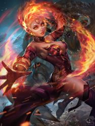 Rule 34 | 1girl, absurdres, breasts, butt crack, defense of the ancients, dota (series), dress, female focus, fire, gradient background, highres, large breasts, lina (dota 2), long hair, red hair, smile, solo
