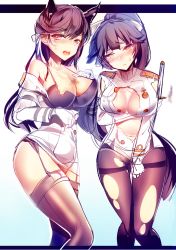 Rule 34 | 2girls, animal ears, atago (azur lane), azur lane, bad id, bad pixiv id, bare shoulders, black hair, black legwear, blush, covering privates, covering crotch, cowboy shot, epaulettes, garter straps, gradient background, hand on breast, highres, looking at viewer, multiple girls, open mouth, pantyhose, ponytail, silly (marinkomoe), sketch, skirt, standing, sweatdrop, sword, takao (azur lane), thighband pantyhose, thighhighs, torn clothes, torn legwear, torn skirt, wavy mouth, weapon, yellow eyes