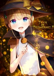 Rule 34 | 1girl, adapted costume, azur lane, bat (animal), black cape, black hat, blonde hair, blue eyes, cape, double bun, english text, epaulettes, female focus, hair bun, halloween, hat, highres, holding, holding wand, jack-o&#039;-lantern, le triomphant (azur lane), looking at viewer, open mouth, regress, short hair, sidelocks, smile, solo, upper body, wand, witch hat
