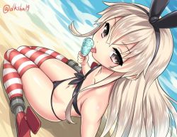 Rule 34 | 10s, 1girl, alternate costume, bandeau, bikini, black bikini, blonde hair, brown eyes, flat chest, food, from above, hairband, jpeg artifacts, kantai collection, kase daiki, licking, long hair, looking at viewer, navel, popsicle, shimakaze (kancolle), sitting, solo, striped clothes, striped thighhighs, swimsuit, thighhighs, tongue, tongue out, twitter username, wariza