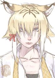 Rule 34 | 1girl, animal ear fluff, animal ears, artist logo, black hair, blonde hair, blue eyes, closed mouth, collarbone, expressionless, eyebrows hidden by hair, kemono friends, kishida shiki, lips, long bangs, looking at viewer, multicolored hair, necktie, open clothes, open shirt, shirt, short hair with long locks, simple background, smilodon (kemono friends), solo, staring, undone necktie, upper body, white background, white hair, white shirt