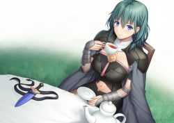 Rule 34 | 1girl, black shorts, blue eyes, breasts, byleth (female) (fire emblem), byleth (fire emblem), cape, chair, closed mouth, commentary, cup, dagger, fire emblem, fire emblem: three houses, gauntlets, grass, green hair, hair between eyes, holding, holding cup, knife, large breasts, looking at viewer, midriff, miyai sen, navel, nintendo, outdoors, pantyhose, pantyhose under shorts, sheath, shorts, shrug (clothing), sitting, smile, solo, table, tassel, teacup, weapon