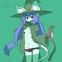 Rule 34 | 1girl, breasts, cat, female focus, furry, furry female, green background, green hat, hat, looking at viewer, purple hair, shorts, simple background, solo, the amboina, upper body, witch hat, yellow eyes