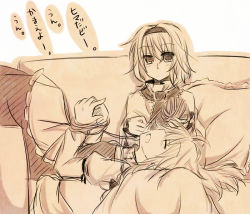 Rule 34 | 2girls, alice margatroid, apron, ball, capelet, couch, dress, female focus, hairband, kirisame marisa, lap pillow, long hair, lying, monochrome, multiple girls, on back, open mouth, pillow, short hair, sitting, touhou, translation request, wool, yuuta (monochrome)