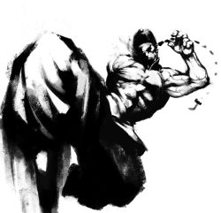 Rule 34 | 1boy, baggy pants, capcom, chyko, greyscale, hat, kicking, male focus, monochrome, muscular, pants, ponytail, solo, street fighter, street fighter iii (series), yun lee