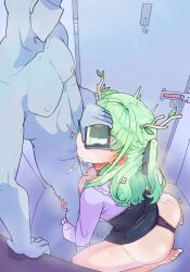 Rule 34 | 1boy, 1girl, antlers, ass, barefoot, branch, breasts, ceres fauna, ceres fauna (jirai kei), cleavage cutout, clothes lift, clothing cutout, deepthroat, feet, fellatio, flower, green hair, hair flower, hair ornament, hetero, highres, hololive, hololive english, horns, large breasts, long hair, moral cacoethes, oral, panties, skirt, skirt lift, soles, toes, underwear, virtual youtuber