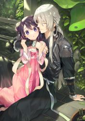 Rule 34 | 1boy, 1girl, arm around neck, arm around shoulder, arm support, artist name, black hair, blush, braid, chinese clothes, closed eyes, commentary, day, double bun, english commentary, hair between eyes, hair bun, hands up, hanfu, hetero, highres, hu kotora, long hair, long sleeves, looking at viewer, original, outdoors, parted lips, purple eyes, signature, silver hair, sitting, water drop, wide sleeves