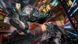 Rule 34 | 1girl, absurdres, boots, breasts, grey hair, high heels, highres, holding, holding weapon, huma (tower of fantasy), jacket, looking at viewer, medium breasts, medium hair, night, open clothes, open jacket, outdoors, rain, red eyes, song song huashi, thigh boots, tower of fantasy, weapon, zipper