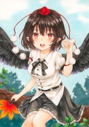 Rule 34 | 1girl, :d, absurdres, belt, black belt, black hair, black ribbon, black skirt, black wings, blouse, blue sky, blush, branch, breasts, cloud, collared shirt, commentary request, day, feathered wings, feet out of frame, hair between eyes, hand fan, hand up, hat, highres, holding, holding fan, kananotte, leaf, leaf fan, looking at viewer, medium breasts, miniskirt, neck ribbon, open mouth, outdoors, petticoat, pointy ears, pom pom (clothes), puffy short sleeves, puffy sleeves, red eyes, ribbon, shameimaru aya, shirt, short hair, short sleeves, sidelocks, sitting, skirt, sky, smile, solo, tassel, tokin hat, touhou, traditional media, tree, white shirt, wings