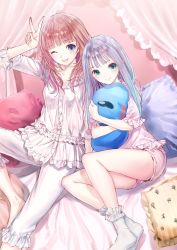 Rule 34 | 2girls, atelier (series), atelier lulua, blue eyes, blunt bangs, brown hair, commentary request, elmerulia fryxell, green eyes, grey hair, highres, kishida mel, long hair, looking at viewer, mother&#039;s day, mother and daughter, multiple girls, official art, on bed, one eye closed, pajamas, pillow, puni (atelier), rororina fryxell, short shorts, short sleeves, shorts, socks, stuffed animal, stuffed toy, v, white legwear