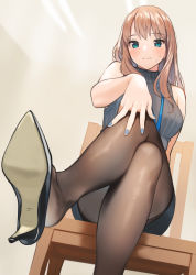 Rule 34 | 1girl, black footwear, black pantyhose, black skirt, blue eyes, blue nails, blush, breasts, brown hair, chair, closed mouth, commentary, crossed legs, doushimasho, hand on own knee, high heels, indoors, lanyard, legs, lips, long hair, looking at viewer, medium breasts, miniskirt, mole, mole on cheek, mole under mouth, nail polish, name tag, original, pantyhose, pumps, ribbed sweater, shoe dangle, shoe soles, sitting, skirt, sleeveless, sleeveless sweater, sleeveless turtleneck, solo, sweater, turtleneck, turtleneck sweater