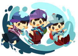 Rule 34 | &gt; o, 3boys, alternate color, backpack, bag, baseball cap, black hair, blue footwear, blue shorts, blush stickers, checkered clothes, checkered shirt, clone, hat, hitofutarai, male focus, midriff peek, mother (game), mother 2, multiple boys, ness (mother 2), nintendo, one eye closed, open mouth, outstretched arms, paint, player 2, purple footwear, purple headwear, red shorts, shirt, short hair, shorts, solid oval eyes, spread arms, striped clothes, striped shirt, waving, white background