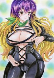 Rule 34 | 1girl, biker clothes, bikesuit, blonde hair, blush, bodysuit, breasts, cameltoe, cleavage, gluteal fold, gradient hair, hair between eyes, hair over shoulder, hand up, high collar, highres, hijiri byakuren, hip focus, large breasts, lips, long hair, long sleeves, looking to the side, multicolored hair, navel, no bra, open clothes, purple hair, skin tight, smile, solo, standing, stomach, touhou, traditional media, turbo byakuren, two-tone hair, twobee, unzipped, unzipping, upper body, yellow eyes, zipper, zipper pull tab