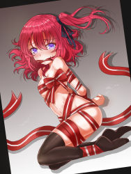 Rule 34 | 1girl, bad id, bad pixiv id, bdsm, black thighhighs, blue eyes, bondage, bound, closers, covered mouth, from above, gag, lhu (barappra1), looking at viewer, lying, naked ribbon, navel, on side, pink hair, restrained, ribbon, ribbon bondage, seulbi lee, short hair, side ponytail, solo, thighhighs