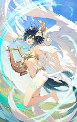 Rule 34 | 1boy, angel wings, armpits, barefoot, blue hair, blue sky, braid, crop top, day, feathers, feet, full body, genshin impact, gradient hair, green eyes, harp, highres, instrument, looking at viewer, male focus, midriff, multicolored hair, open mouth, outstretched arm, qilu xunhua, shorts, single thighhigh, sky, thighhighs, toes, trap, twin braids, two-tone hair, venti (archon) (genshin impact), venti (genshin impact), white legwear, white shorts, wings