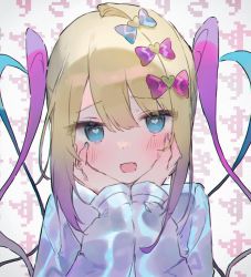 Rule 34 | 1girl, blonde hair, blue eyes, blue hair, bow, chouzetsusaikawa tenshi-chan, hair bow, hair ornament, heart, heart-shaped pupils, highres, holographic clothing, long sleeves, looking at viewer, multicolored hair, needy girl overdose, open mouth, otintin, pink hair, quad tails, sailor collar, school uniform, serafuku, smile, solo, symbol-shaped pupils, twintails
