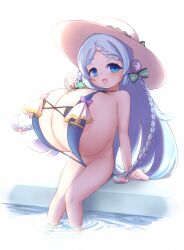 1girl areola_slip blue_eyes breasts dankiryu00bb fruits_fulcute! gigantic_breasts hat highres hsuliherng large_areolae long_hair oppai_loli pool sitting solo straw_hat swimsuit white_hair