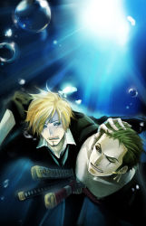 Rule 34 | 2boys, blonde hair, blue eyes, bubble, earrings, facial hair, formal, goatee, green hair, grin, highres, jewelry, male focus, multiple boys, necktie, one-eyed, one piece, red eyes, robe, roronoa zoro, sanji (one piece), scar, smile, suit, swimming, sword, underwater, weapon
