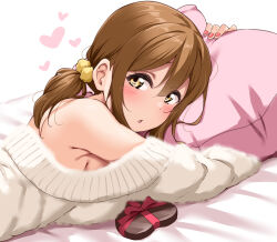 Rule 34 | :o, bare shoulders, breasts, brown eyes, brown hair, candy, chocolate, chocolate heart, food, heart, highres, kunikida hanamaru, large breasts, looking at viewer, love live!, love live! sunshine!!, lying, off-shoulder sweater, off shoulder, on stomach, pillow, pillow grab, pink nails, pink pillow, short twintails, sidelocks, solo, sweater, twintails, white background, yopparai oni