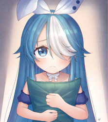 Rule 34 | 1girl, azur lane, blue eyes, blue hair, bow, choker, commentary request, from above, hair bow, hair over one eye, looking at viewer, maille-breze (azur lane), maille-breze (the noble knight&#039;s last stand) (azur lane), mirun (funimani), multicolored hair, hugging object, official alternate costume, pajamas, pillow, pillow hug, ribbon, ribbon choker, solo, streaked hair, swept bangs, tearing up, two-tone hair, upper body, white bow, white hair, white ribbon