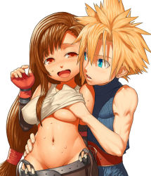 Rule 34 | 1990s (style), 1boy, 1girl, bad id, bad pixiv id, bare shoulders, blonde hair, blue eyes, blush, grabbing another&#039;s breast, breasts, brown hair, cloud strife, couple, covered erect nipples, final fantasy, final fantasy vii, grabbing, groin, hetero, long hair, low-tied long hair, maagori, midriff, navel, open mouth, red eyes, retro artstyle, shy, sleeveless, sleeveless turtleneck, suspenders, sweat, tifa lockhart, turtleneck, underboob, wavy mouth