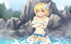 1girl arms_under_breasts bare_shoulders barefoot bikini blonde_hair blue_sky blush breasts commentary_request covering_breasts covering_privates crossed_arms day embarrassed flower full_body genshin_impact hair_flower hair_ornament holding holding_swimsuit holding_unworn_clothes large_breasts ling_huanxiang looking_at_viewer lumine_(genshin_impact) lumine_(hot_springs)_(genshin_impact) navel official_alternate_costume open_mouth outdoors partially_submerged ripples short_hair_with_long_locks side-tie_skirt sitting sky swimsuit untied_bikini variant_set wariza water white_bikini yellow_eyes