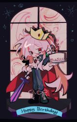 Rule 34 | 1boy, androgynous, animification, ascot, birthday, bishounen, bubu7210, cake, cape, chibi, chibi only, chinese commentary, commentary request, crown, crystal earrings, dream smp, earrings, food, fur-trimmed cape, fur trim, gem, green gemstone, hair between eyes, happy birthday, highres, holding, holding sword, holding weapon, humanization, jewelry, jitome, long hair, long sleeves, looking at viewer, male focus, minecraft sword, minecraft youtube, pink hair, pointy ears, ponytail, red cape, red eyes, red gemstone, shirt, single earring, smile, solo, sword, technoblade, very long hair, weapon, white ascot, white shirt