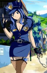 Rule 34 | 1girl, blue hair, breasts, cleavage, cuffs, fairy tail, fingerless gloves, fishnet thighhighs, fishnets, garter straps, gloves, handcuffs, hat, juvia lockser, long hair, medium breasts, nail polish, police, police hat, police uniform, policewoman, skirt, smile, smirk, solo, standing, tattoo, thighhighs, uniform