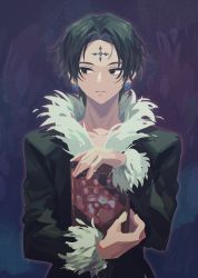 Rule 34 | 1boy, black eyes, black hair, book, chrollo lucilfer, coat, earrings, facial mark, forehead mark, fur trim, highres, holding, holding book, hsh7955, hunter x hunter, jewelry, looking to the side, male focus, parted bangs, solo