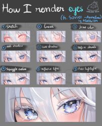 Rule 34 | 1girl, alice vu, artist name, azur lane, blue eyes, blush, colored eyelashes, commentary, english commentary, english text, highres, how to, long bangs, long hair, looking at viewer, signature, solo, sovetsky soyuz (azur lane), white hair