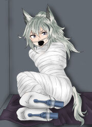 Rule 34 | 1girl, animal ears, arknights, bandages, bdsm, bondage, bound, commentary request, gagged, grani (arknights), grey eyes, grey hair, hair between eyes, highres, indoors, long hair, looking at viewer, mummification (bound), ponytail, sa@mobuliaoyu, sitting, socks, solo, tail, tickling, tickling feet, v-shaped eyebrows, white socks