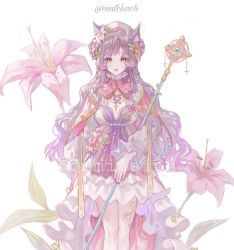 Rule 34 | 1girl, animal ears, bad id, bad twitter id, cat ears, cat girl, closed mouth, commentary, commission, dress, english text, flower, frills, hair flower, hair ornament, hat, highres, leaf, looking at viewer, maccha (mochancc), nail polish, original, plant, purple hair, simple background, solo, staff, standing, tagme, white background, yellow eyes