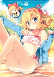 Rule 34 | &gt;:(, 2girls, absurdres, alice margatroid, arm up, bikini, blonde hair, blue eyes, blush, bow, bow bikini, closed mouth, day, flat chest, frilled bikini, frills, frown, hair ribbon, hairband, highres, jacket, kneepits, lolita hairband, mini person, minigirl, multiple girls, natsume eri, off shoulder, open clothes, open jacket, outdoors, outstretched arm, partially submerged, ribbon, shanghai doll, short hair, sitting, sleeves past wrists, swimsuit, thighs, touhou, v-shaped eyebrows, wavy hair, wavy mouth, wet, white bikini