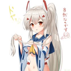 Rule 34 | 1girl, :&gt;, ayanami (azur lane), azur lane, blue sailor collar, blush, breasts, collarbone, commentary request, detached sleeves, doyagao, hair between eyes, highres, holding, holding hair, long hair, looking at viewer, navel, neckerchief, platinum blonde hair, ponytail, red eyes, retrofit (azur lane), sailor collar, shirt, sidelocks, simple background, sironora, small breasts, smug, solo, sparkle, stomach, translation request, underboob, white background, white shirt, wide sleeves, yellow neckerchief