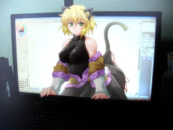 Rule 34 | 1girl, animal ears, arm warmers, bad id, bad pixiv id, blonde hair, breasts, cat ears, cat girl, cat tail, computer, covered erect nipples, female focus, fingernails, fourth wall, green eyes, kemonomimi mode, large breasts, long fingernails, looking at viewer, mini person, minigirl, mizuhashi parsee, monitor, ootsuki wataru, open clothes, paint tool sai, painttool sai, painttool sai (medium), scarf, sharp fingernails, short hair, sleeveless, solo, tail, through medium, through screen, touhou