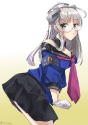 Rule 34 | 1girl, ahoge, blue eyes, breasts, come2traveling, glasses, gloves, gradient background, grey hair, hat, heywood l. edwards (kancolle), highres, kantai collection, long hair, long sleeves, medium breasts, off-shoulder shirt, off shoulder, school uniform, shirt, skirt, solo, white hat, yellow background