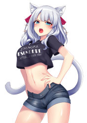 Rule 34 | 1girl, :o, absurdres, animal ear fluff, animal ears, warrior of light (ff14), black shirt, blue eyes, blue shorts, breasts, cat ears, cat girl, cat tail, clothes writing, contrapposto, cowboy shot, crop top, crop top overhang, denim, denim shorts, derivative work, english text, facial mark, final fantasy, final fantasy xiv, frown, hair ornament, hair ribbon, hands on own hips, highres, long hair, looking at viewer, medium breasts, midriff, miqo&#039;te, navel, open mouth, ribbon, rifqiaji, shirt, short shorts, short sleeves, shorts, silver hair, simple background, solo, standing, stomach, tail, tail raised, v-shaped eyebrows, white background