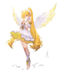 Rule 34 | 1girl, absurdres, artist request, bare legs, bare shoulders, blonde hair, breasts, closed mouth, dress, earrings, feathered wings, feathers, fran (summoners war: chronicles), full body, hair between eyes, hands up, highres, jewelry, long hair, looking to the side, medium breasts, multicolored wings, official art, own hands clasped, own hands together, pointy ears, purple nails, second-party source, short dress, simple background, solo, standing, star (symbol), star earrings, summoners war: chronicles, tachi-e, toeless legwear, transparent background, twintails, very long hair, white dress, white feathers, white wings, wings, yellow eyes, yellow wings