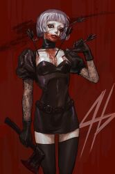 1girl arrow_(projectile) arrow_in_body axe belt black_dress black_gloves black_thighhighs blood bloody_tears breasts cleavage dress gloves grey_hair highres holding holding_axe medium_breasts midnight_vampire_(takena) shipian solo thighhighs