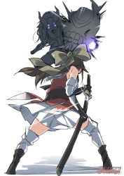 Rule 34 | 10s, 2girls, abyssal ship, action, battoujutsu stance, black footwear, bow, brown bow, brown hair, ebifurya, elbow gloves, fighting stance, from behind, full body, gloves, hair bow, highres, holding, holding sword, holding weapon, horns, jintsuu (kancolle), kantai collection, katana, legs apart, light cruiser princess, long hair, mask, multiple girls, neckerchief, open mouth, pleated skirt, ready to draw, scabbard, school uniform, serafuku, sheath, shoes, simple background, skirt, sleeveless, standing, sword, thighhighs, twitter username, two-handed, unsheathing, weapon, white background, white legwear, white skirt, zettai ryouiki