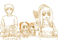 Rule 34 | 00s, 1boy, 3girls, ;d, ;p, apron, blush, blush stickers, bread slice, chair, collarbone, cup, drinking glass, family, food, fork, frying pan, hairband, hand in pocket, if they mated, knife, kyon, long hair, looking at another, monochrome, multiple girls, one eye closed, open mouth, overalls, plate, ponytail, salad, salt shaker, simple background, sitting, smile, spatula, suzumiya haruhi, suzumiya haruhi no yuuutsu, table, teeth, toast, tofu juuji, tongue, tongue out, twintails, white background