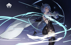 Rule 34 | 1girl, absurdres, ass, bare back, belt, black gloves, blue hair, cape, commentary request, eula (genshin impact), genshin impact, gloves, hair between eyes, hair ornament, hairband, highres, holding, holding sword, holding weapon, long sleeves, looking at viewer, medium hair, parted lips, purple eyes, sidelocks, solo, super h2o, sword, weapon