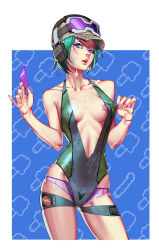 Rule 34 | 1girl, baseball cap, blue eyes, breasts, clothes pull, collarbone, contrapposto, ela (rainbow six siege), fj wu cheng&#039;en, goggles, goggles on headwear, green hair, hat, headphones, highres, looking away, nipples, one-piece swimsuit pull, open mouth, outside border, panties, panties under swimsuit, purple panties, rainbow six siege, short hair, standing, swimsuit, thigh strap, underwear