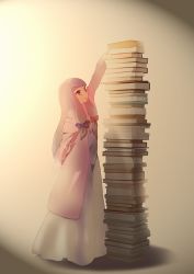 Rule 34 | 1girl, a+1, arm up, backlighting, book, book stack, bow, dress, female focus, hair bow, highres, long hair, no headwear, no headwear, outstretched arm, outstretched hand, patchouli knowledge, purple eyes, purple hair, reaching, solo, touhou