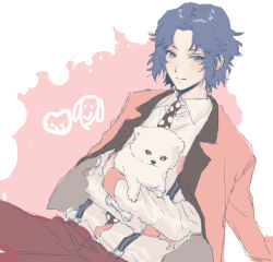 Rule 34 | 1boy, animal, black necktie, blue eyes, blue hair, brown pants, character request, closed mouth, collared shirt, commentary request, dog, hands up, holding, holding animal, holding dog, jacket, jacket on shoulders, jiz (pffbq), long sleeves, looking at viewer, male focus, necktie, pants, pink background, pink jacket, polka dot necktie, puppy, shirt, short hair, sitting, smile, solo, tennis no ouji-sama, white shirt