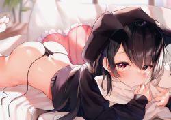 1girl animal_ears ass beret black_hair black_hat black_panties black_shirt couch crop_top fake_animal_ears hat highres hugging_object leg_up long_hair long_sleeves looking_at_viewer lying micro_panties nekomugiharu no_pants on_couch on_stomach original panties parted_lips pillow pillow_hug red_eyes shirt side-tie_panties solo string_panties thighs toes underwear untied_panties