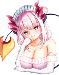 Rule 34 | 1girl, nanashi inc., bare shoulders, blush, breasts, cleavage, closed mouth, demon tail, double bun, fang, gloves, gradient hair, grey hair, hair between eyes, hair bun, head on hand, highres, honey strap, horns, jewelry, large breasts, long hair, looking at viewer, multicolored hair, necklace, pink hair, pointy ears, red eyes, simple background, smile, solo, streaked hair, suou patra, tail, upper body, virtual youtuber, white background, yumeno kuro