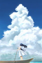 Rule 34 | 1girl, absurdres, bare arms, bare shoulders, black hair, blue sky, boat, cloud, cloudy sky, commentary request, day, dress, floating hair, from behind, highres, horizon, looking up, ocean, onita, original, paddle, sash, scenery, sky, solo, standing, sundress, watercraft, white dress